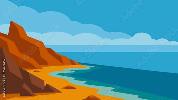 Fototapeta Scenic landscape depicting a beach coastline with cliffs and ocean under a blue sky