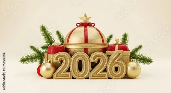 Fototapeta Golden 2026 numbers with Christmas tree branches, gift boxes, and ornaments. New year celebration for greeting card or banner.