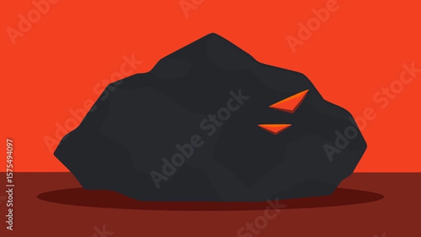 Fototapeta Stylized illustration of a dark rock formation with fiery geometric shapes in a red background