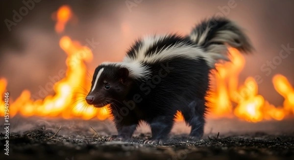 Fototapeta A skunk on scorched earth with burning fire in background. Animal in danger. Wildfire, forest fire and global warming concept.