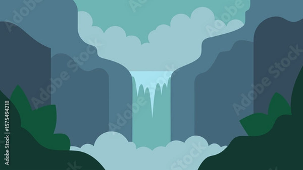 Fototapeta Stylized landscape depicting a waterfall cascading between cliff sides in a minimalist style