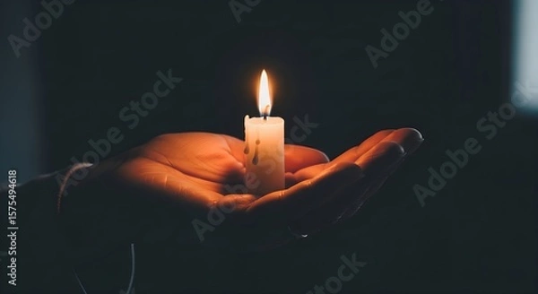 Fototapeta A hand of a caucasian woman holding a white lit candle with a burning flame in the dark, symbolizing hope and light for remembrance.