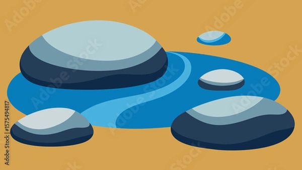 Fototapeta Abstract illustration of blue water and smooth rocks on a golden background