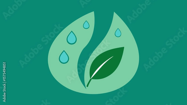 Fototapeta Abstract nature icon with green leaf and water drops for eco and environmental themes
