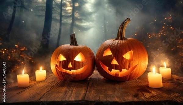 Fototapeta Two jack-o'-lanterns glow in the forest with candles on a wooden table during a misty evening.
