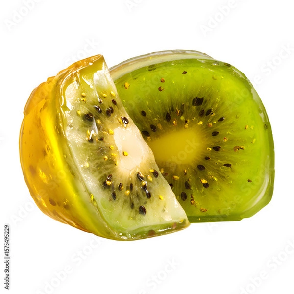 Fototapeta Realistic Kiwi Fruit Slice Encased in Clear Jelly Isolated on Transparent Background

