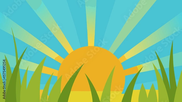 Fototapeta Cartoon sun rising over green grass with colorful rays in the sky background