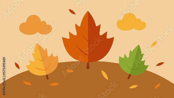 Fototapeta Flat design autumn leaves illustration with clouds on a warm beige background