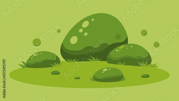 Fototapeta Green landscape illustration featuring rounded boulders and grass in a simple stylized environment