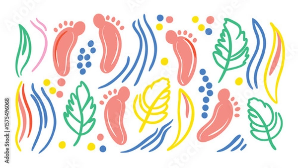 Fototapeta Colorful abstract pattern with footprints leaves and wavy lines on a white background design art