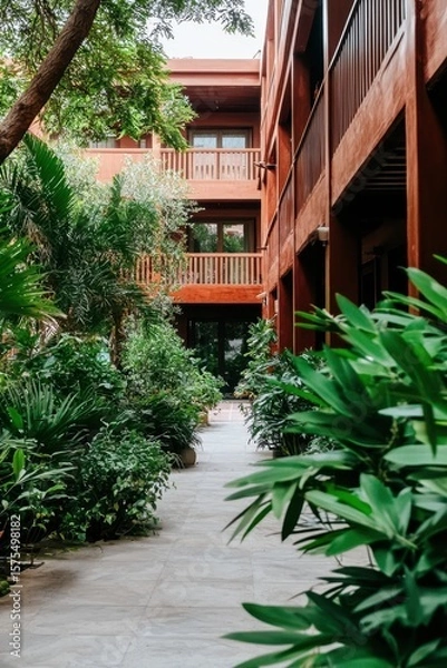 Fototapeta A serene walkway lined with lush green plants leads through a wooden balcony structure surrounded by tropical foliage.