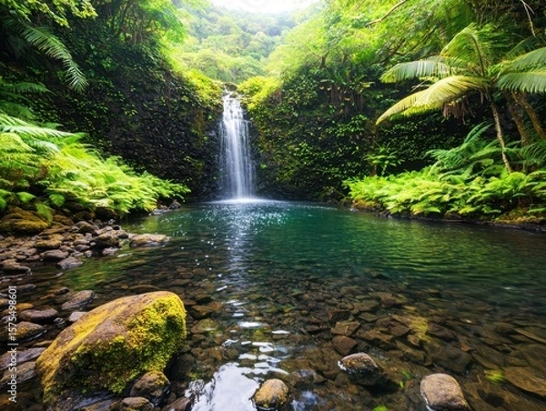 Fototapeta A serene waterfall flows into a clear pool surrounded by lush green ferns and moss-covered rocks in a dense forest.