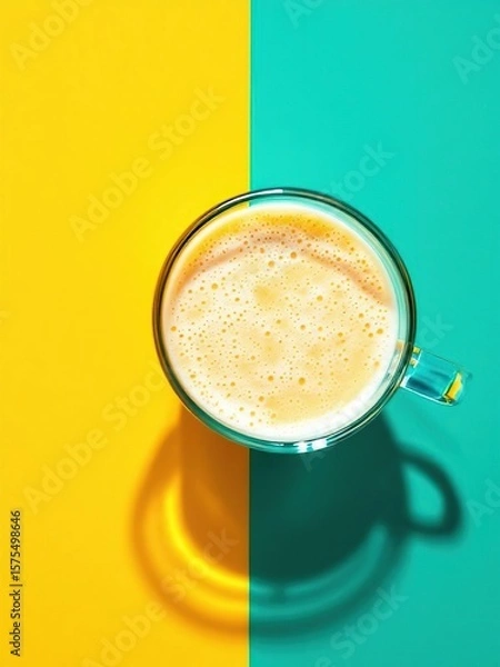 Fototapeta Top view of a glass mug filled with a creamy yellow drink on a split yellow and teal background surface