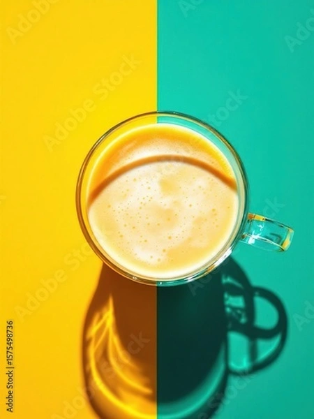 Fototapeta Aerial view of a glass mug filled with a creamy beverage on a two toned yellow and green background