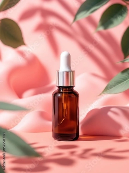 Fototapeta Amber bottle with dropper on pink background with green leaves and shadow of leaves behind it
