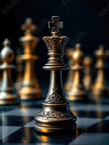 Fototapeta Close up of a silver king chess piece on a chessboard with gold pieces in the background on a dark surface