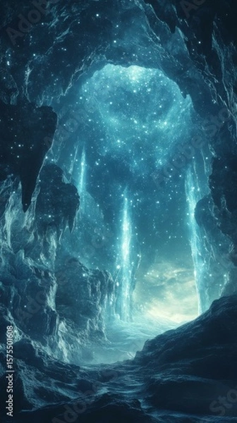 Fototapeta Exploring Glowing Cave with Mystical Light Beams and Rock Formations