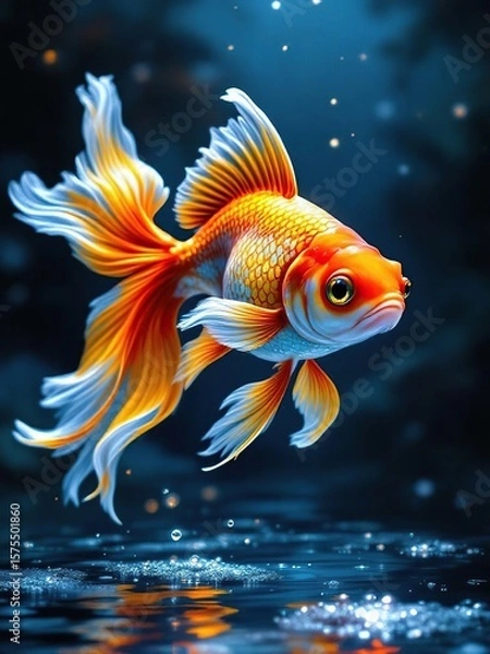 Fototapeta A vibrant goldfish with flowing fins swims gracefully in a dark blue watery environment with bubbles
