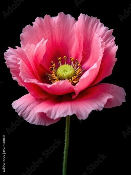 Fototapeta Close up of a single pink poppy flower with yellow center on a black background in studio lighting