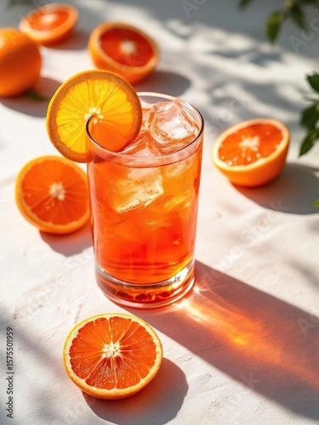 Fototapeta A refreshing orange drink with ice in a glass surrounded by orange slices on a light surface