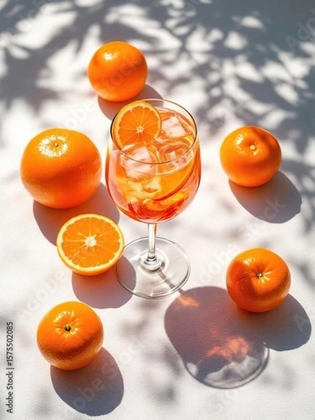 Fototapeta Orange cocktail with oranges and ice in a wine glass under tree shadows on a white surface top view
