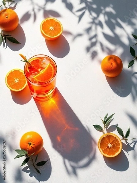 Fototapeta Top view of orange cocktail with ice and orange slices surrounded by oranges and leaves on white surface
