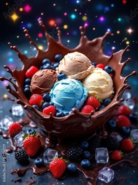 Fototapeta A chocolate bowl filled with ice cream scoops and fresh berries against a dark background