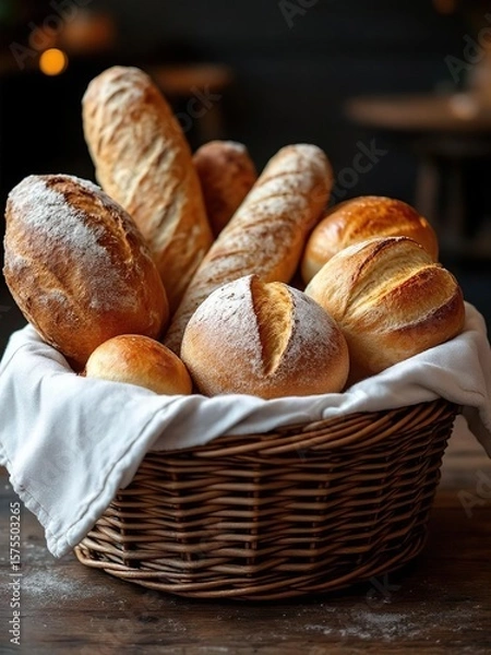 Fototapeta A wicker basket filled with an assortment of freshly baked breads and rolls on a wooden surface