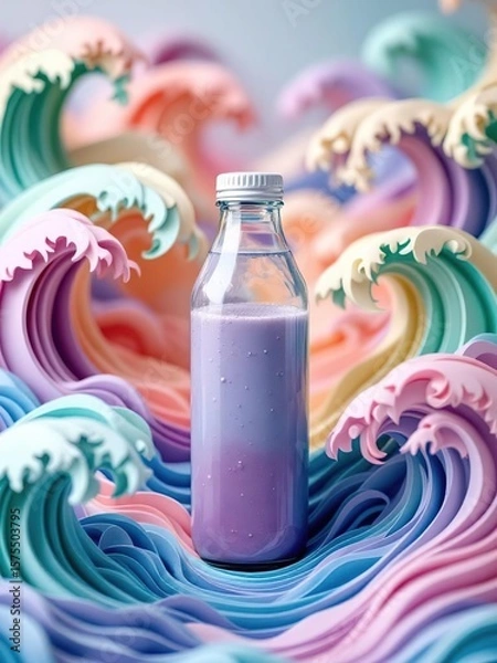 Fototapeta A bottle of purple liquid surrounded by colorful paper waves in a stylized composition style image