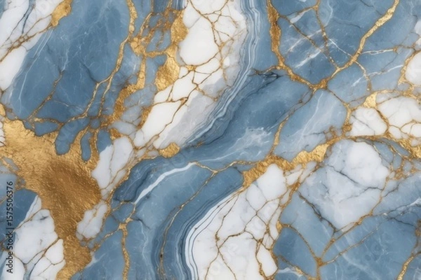 Fototapeta Abstract image of swirling blue and white marble with gold veining and cracks, creating a luxurious and elegant texture