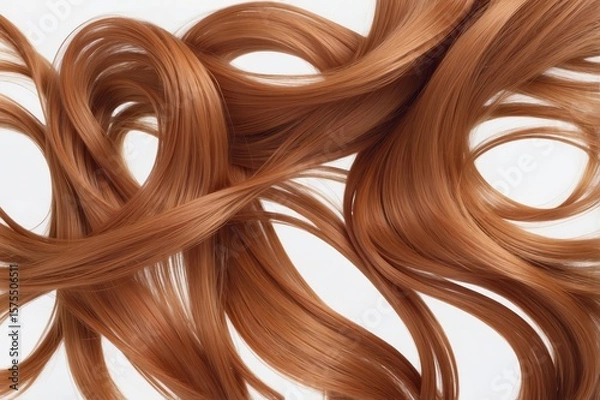 Fototapeta Wavy strands of auburn hair curl and intertwine against a white background