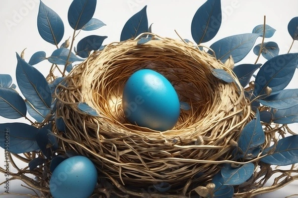 Fototapeta A gold bird's nest holds a single vibrant turquoise egg, nestled amongst twigs and teal leaves, with a second egg resting below