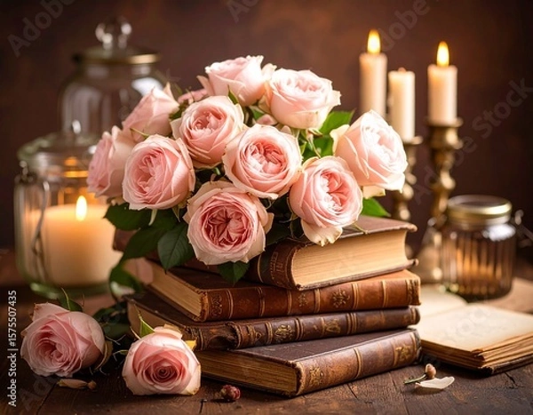 Obraz 빈티지 책과 장미의 로맨틱 무드 Romantic Mood with Roses and Vintage Books