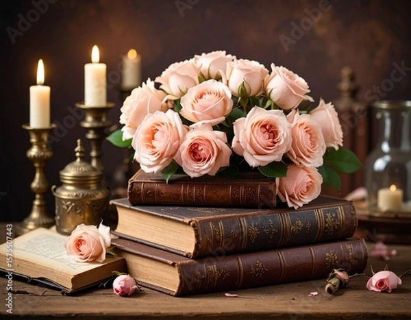 Obraz 빈티지 책과 장미의 로맨틱 무드 Romantic Mood with Roses and Vintage Books