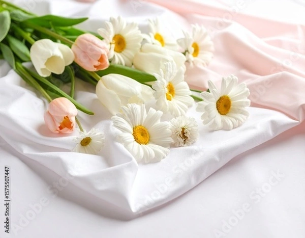 Obraz 튤립과 데이지가 어우러진 봄의 정원 Spring Garden with Tulips and Daisies