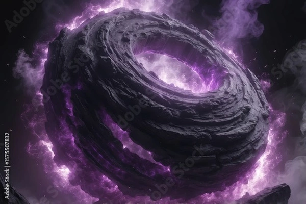 Fototapeta Stone donut-shaped object glows purple amid smoky haze, against a dark backdrop