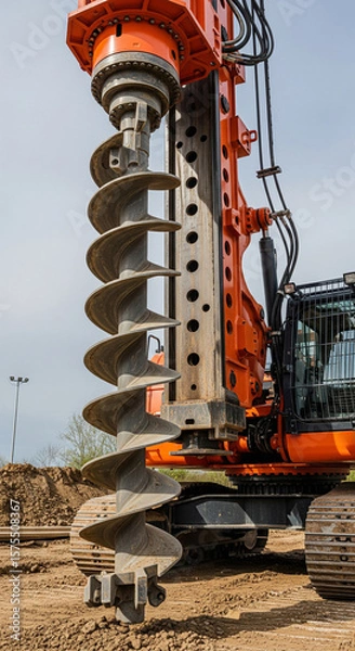 Obraz Close-up of a large industrial auger drill used in construction and earth drilling. Image covers the full length of the spiral drill bit