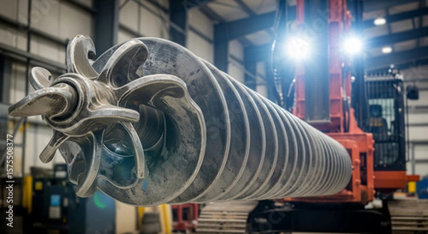 Obraz Close-up of a large industrial auger drill used in construction and earth drilling. Image covers the full length of the spiral drill bit