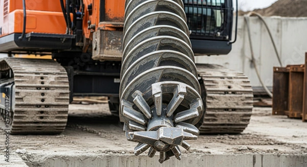 Obraz Close-up of a large industrial auger drill used in construction and earth drilling. Image covers the full length of the spiral drill bit