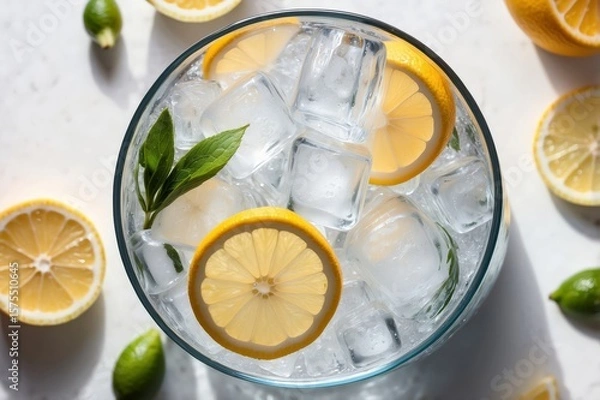 Fototapeta Overhead shot of a glass bowl filled with ice cubes, lemon slices, and fresh mint leaves, surrounded by additional lemon slices and small green fruits on a light-colored surface