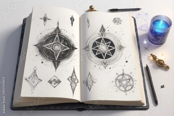 Fototapeta Open sketch book with intricate, stylized symbols.  Detailed design concepts for mystical or magical elements.
