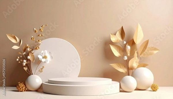 Fototapeta Elegant floral display on minimalist podiums studio setting photography soft color palette aesthetic presentation