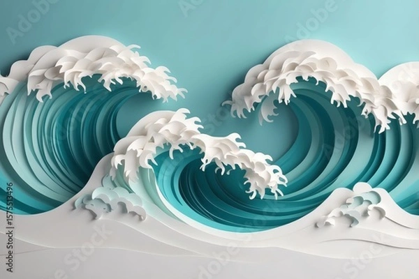 Fototapeta Two layered, swirling paper waves with white caps on a light blue background