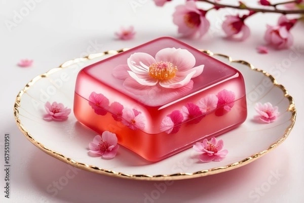 Fototapeta A delicate square of translucent pink jelly, adorned with small pink blossoms, rests on an elegant, scalloped plate, accented with gold.  Pink blossoms are artfully scattered around the plate