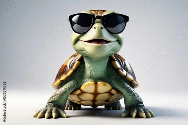 Fototapeta A cheerful, cartoonish turtle wearing dark sunglasses, front-facing against a light grey background.  Its shell is detailed, and it has a friendly expression