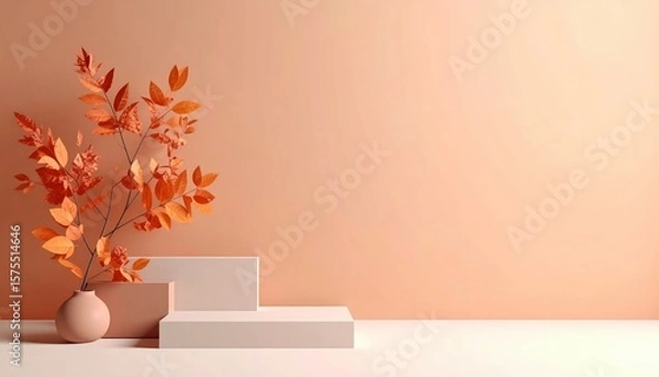 Fototapeta Elegant autumn arrangement with orange leaves and geometric shapes minimalist design indoor setting contemporary style