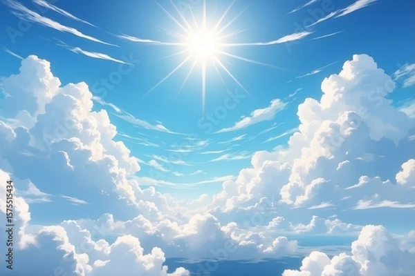 Fototapeta A vibrant digital illustration of a sunny day, showcasing a brilliant sun radiating light amidst fluffy cumulus clouds and a clear blue sky, viewed from a high vantage point