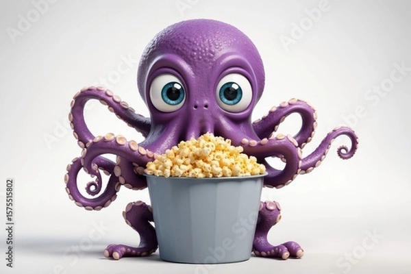 Fototapeta A cute, purple, cartoon octopus sits before a bucket of popcorn, its large eyes wide with apparent enjoyment.  Its eight tentacles playfully surround the snack