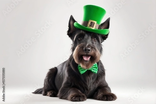 Fototapeta A black Scottish Terrier dog lies on a light grey background, wearing a green top hat and bow tie, looking directly at the camera with its tongue slightly out