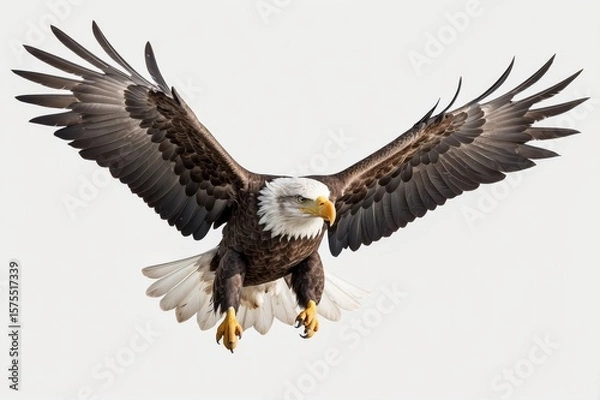 Fototapeta Bald eagle in flight against a plain white background. Powerful bird of prey with outstretched wings, talons extended, in mid-air descent